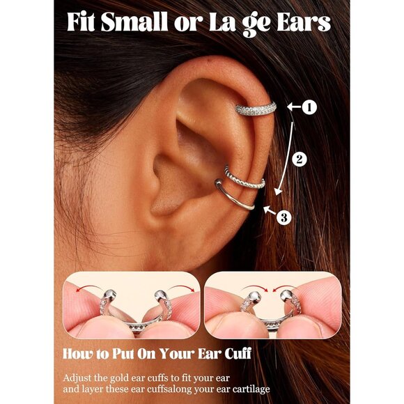 STYLE-C-SILVER Plated Non Pierced Adjustable Fake Ear Cuff Earrings for Women - Picture 3 of 6